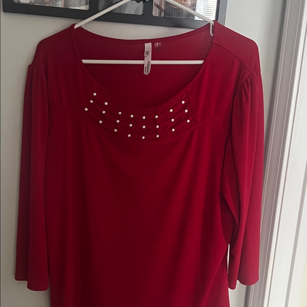 Avenue Red Blouse with Pearl Accents